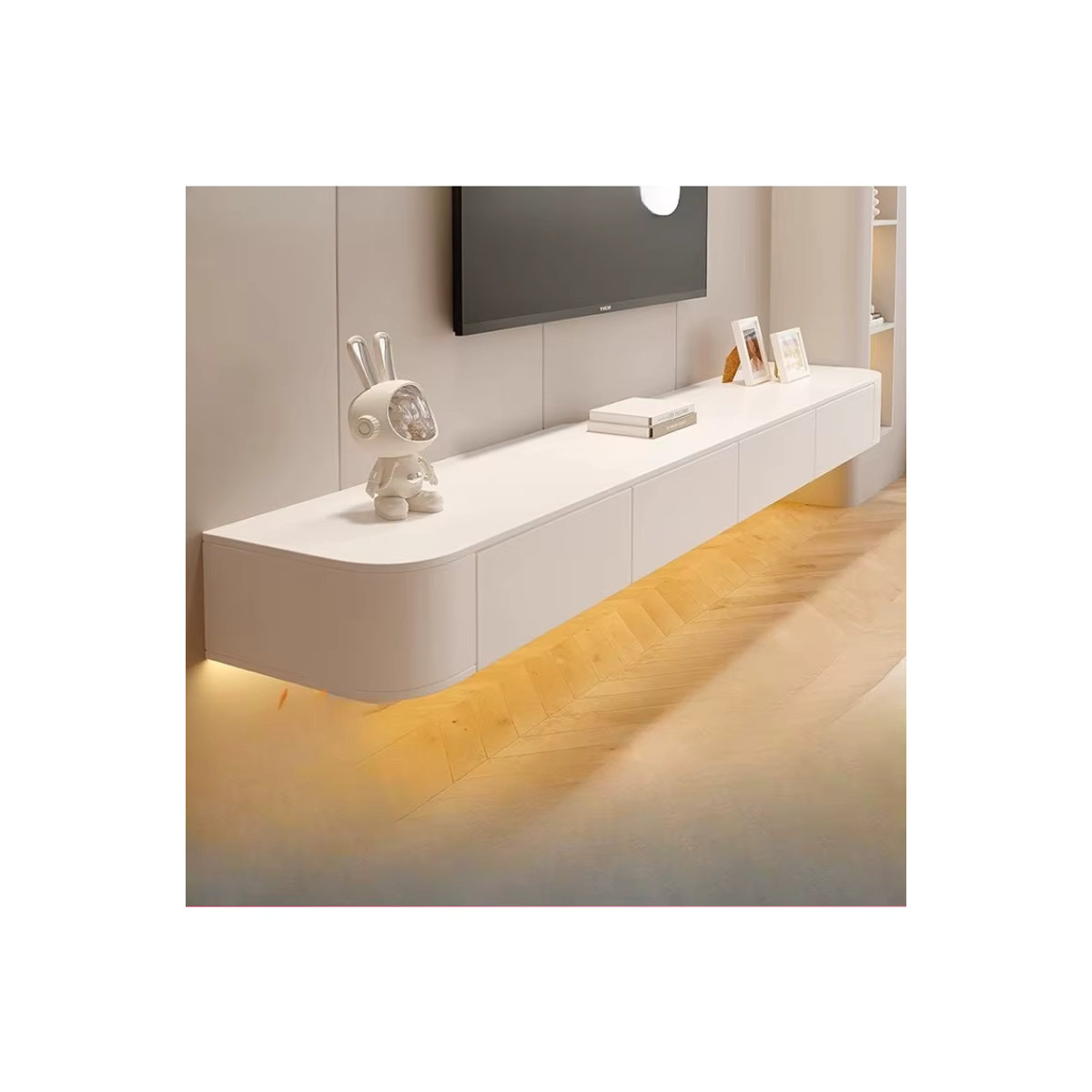 Moderner hängender TV-Schrank aus massivem Holz in Weiß und Creme mit Drehtüren - Bild 3