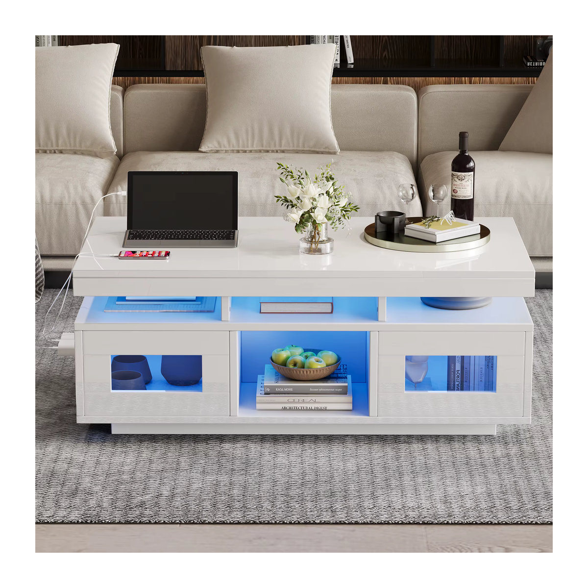 Moderner Hochglanz-Couchtisch in Weiß mit LED-Beleuchtung per App, Ladeanschluss, Steckdose und Schrank aus MDF - Bild 1