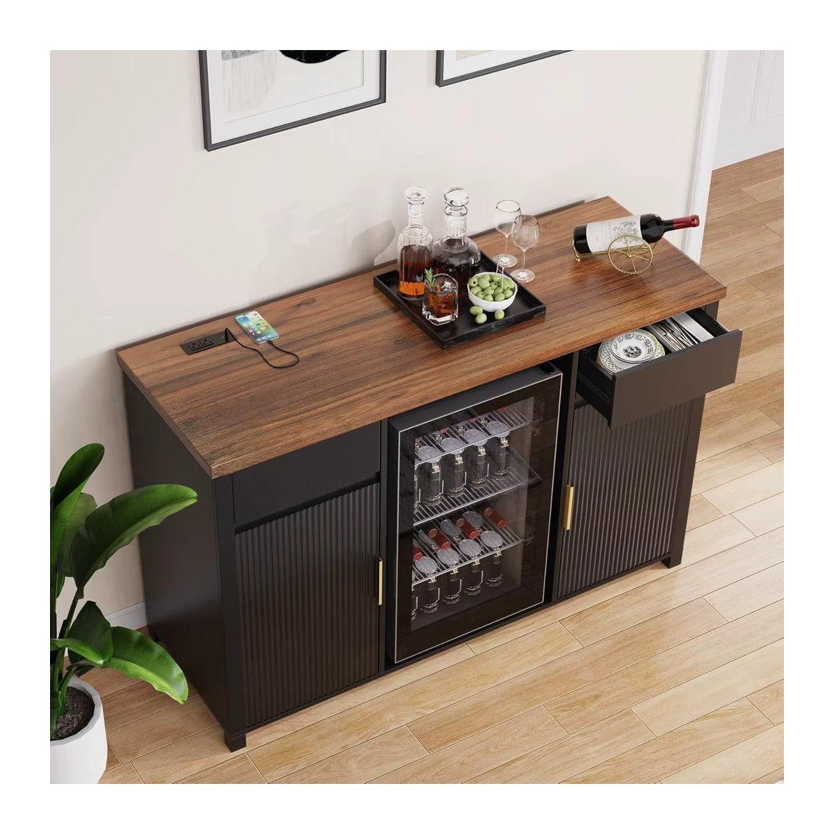 Moderner Kaffeebar-Schrank mit Kühlfach und Weinaufbewahrung als Buffet-Sideboard in Weiß oder Schwarz - Bild 3