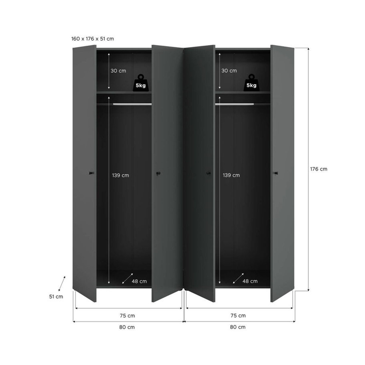 Moderner Kleiderschrank DARWIN von xonox.home in Anthrazit mit Drehtüren, B/H/T: 160 x 176 x 51 cm - Bild 2