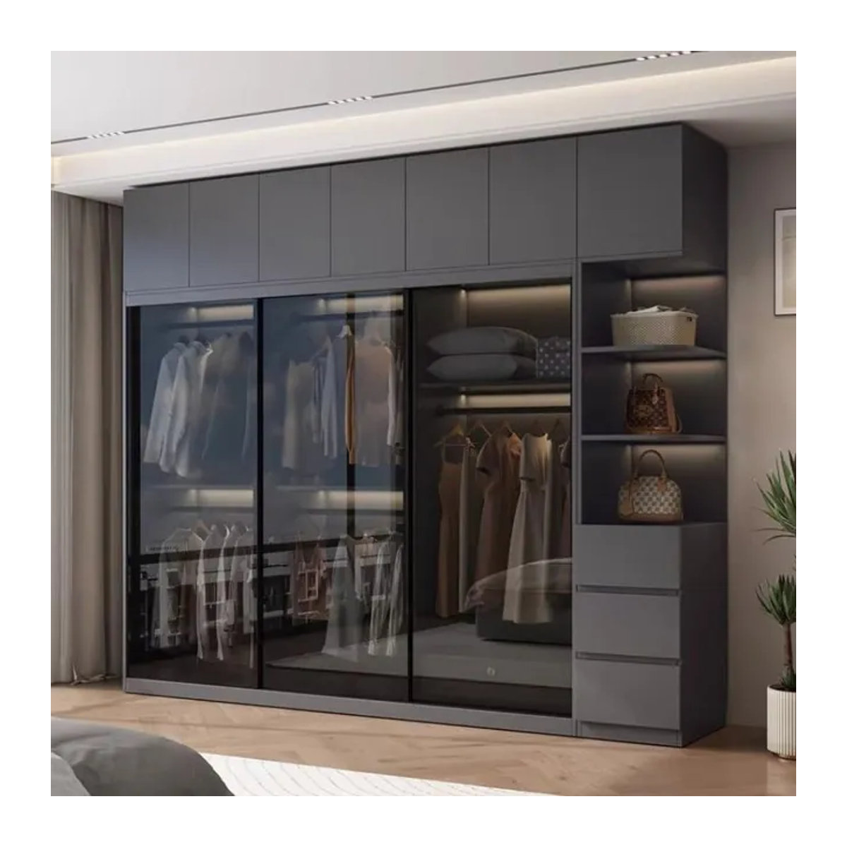 Moderner Kleiderschrank mit Glasschiebetüren und Innenbeleuchtung in Grau, B/T/H: 200 x 40 x 20 cm - Bild 1