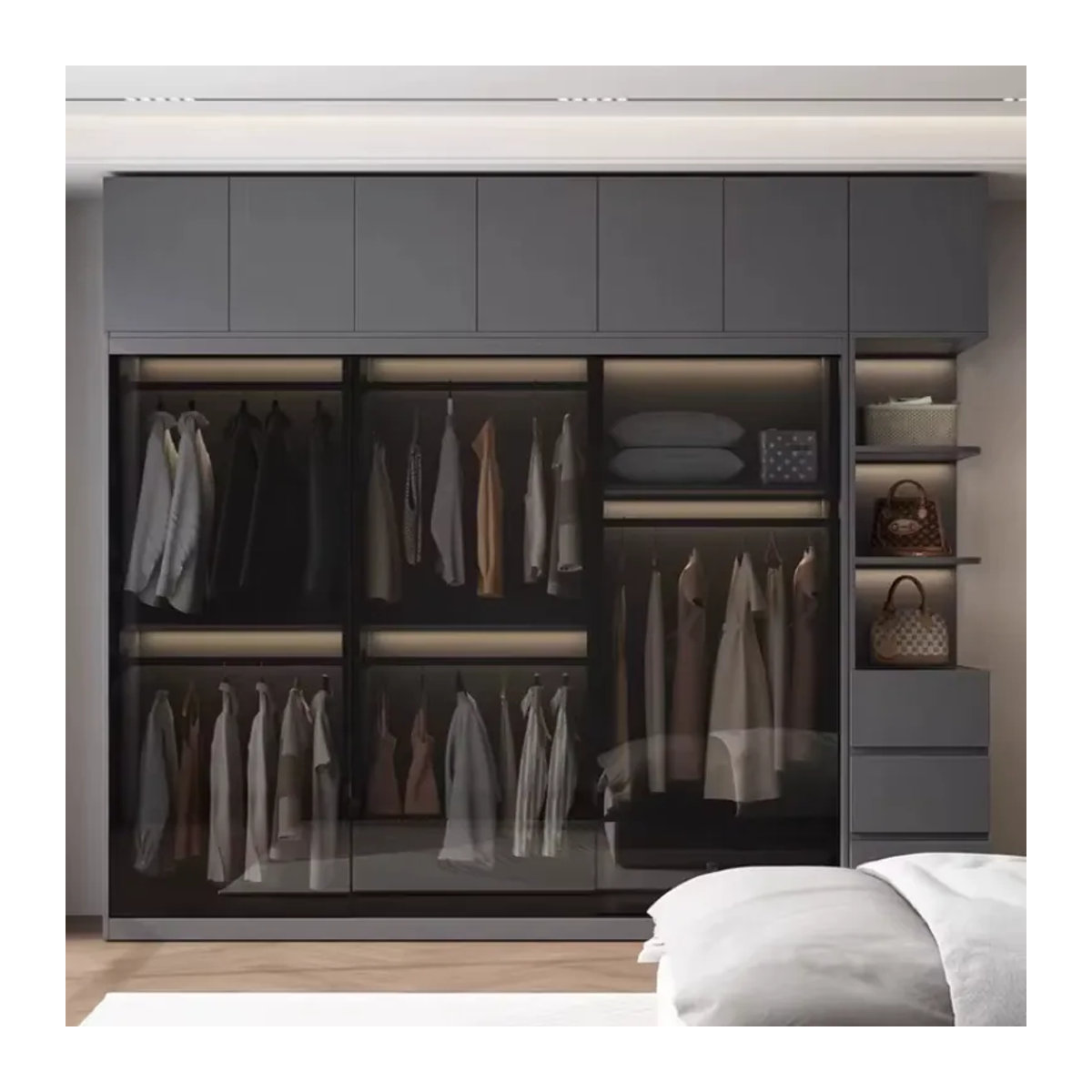 Moderner Kleiderschrank mit Glasschiebetüren und Innenbeleuchtung in Grau, B/T/H: 200 x 40 x 20 cm - Bild 2