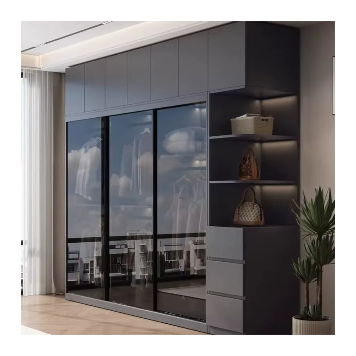 Moderner Kleiderschrank mit Glasschiebetüren und Innenbeleuchtung in Grau, B/T/H: 200 x 40 x 20 cm - Bild 3