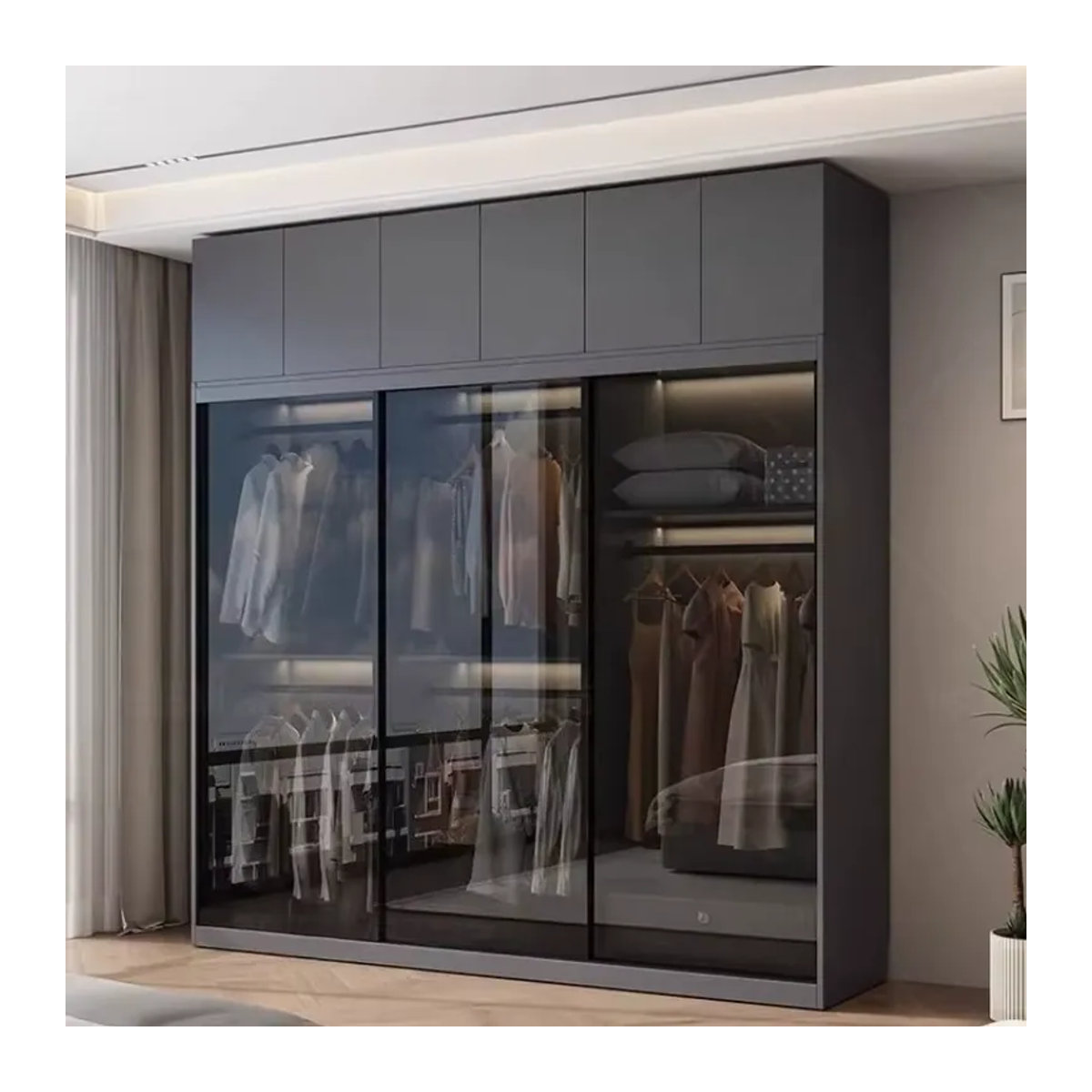 Moderner Kleiderschrank mit Glasschiebetüren und Innenbeleuchtung in Grau, B/T/H: 200 x 40 x 20 cm - Bild 4