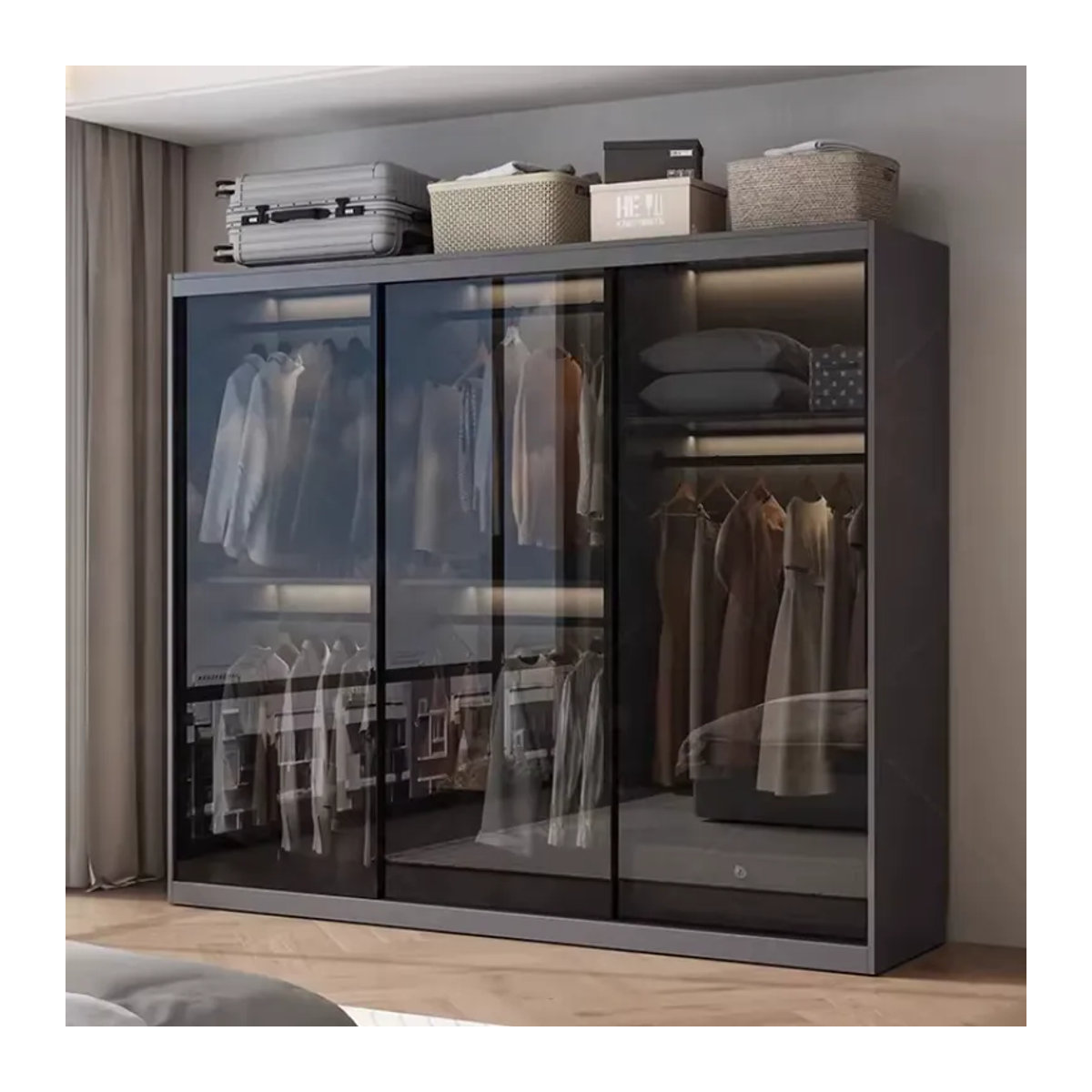 Moderner Kleiderschrank mit Glasschiebetüren und Innenbeleuchtung in Grau, B/T/H: 200 x 40 x 20 cm - Bild 5