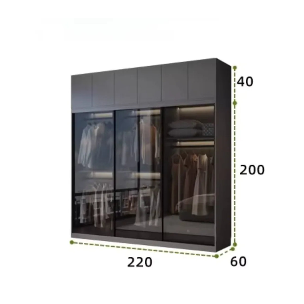 Moderner Kleiderschrank mit Glasschiebetüren und Innenbeleuchtung in Grau, B/T/H: 200 x 40 x 20 cm - Bild 6