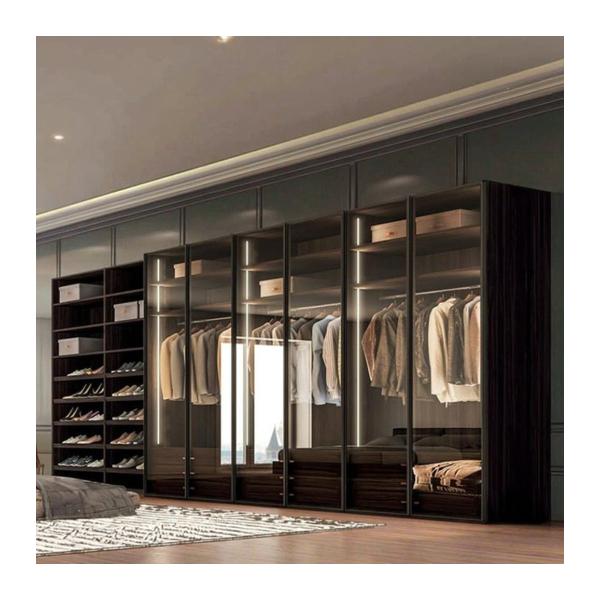 Moderner Kleiderschrank mit Schwebetüren aus Holz und Aluminium-Glastüren in Beige und Schwarz - Bild 1