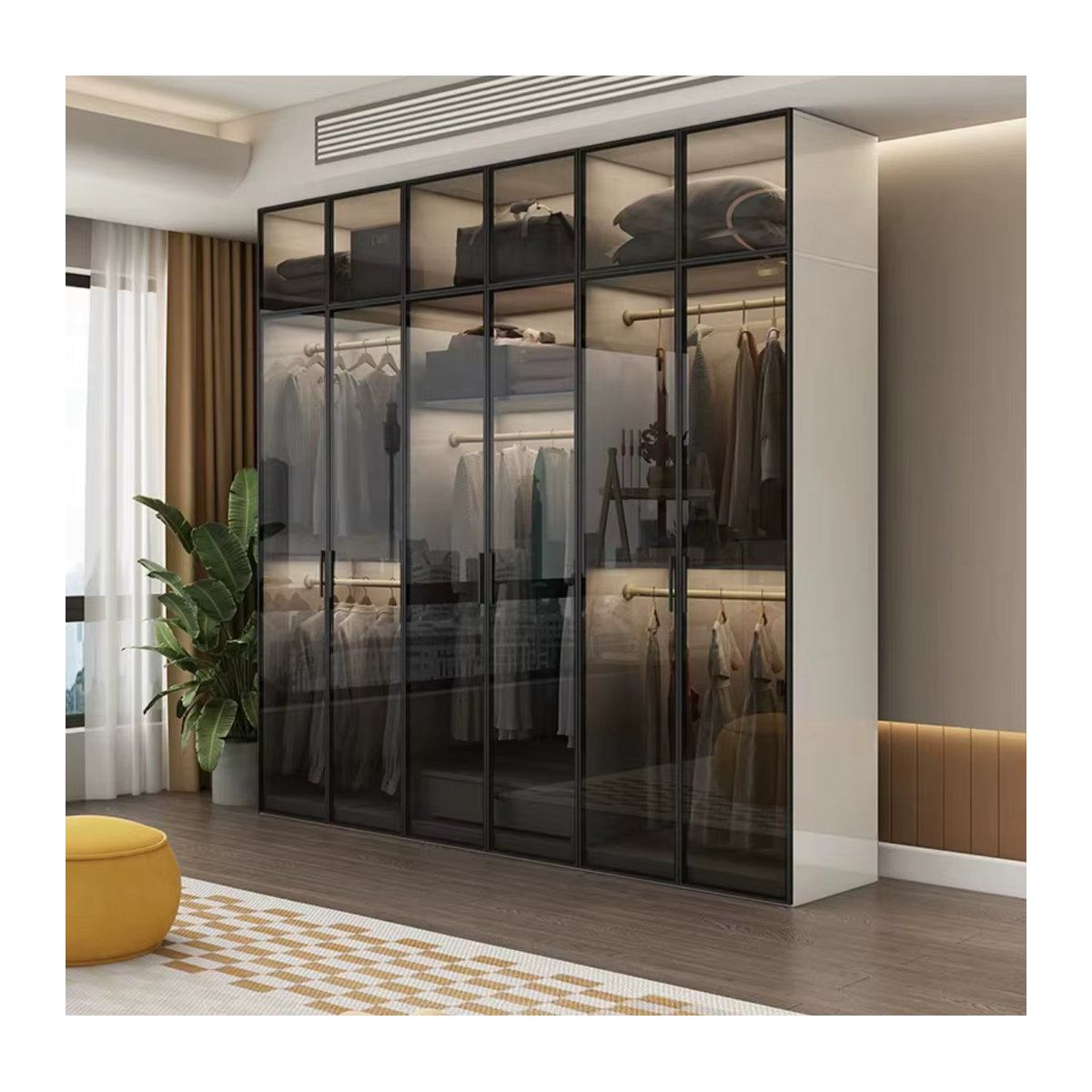 Moderner Kleiderschrank von XMSJ in Schwarz mit Glastüren und interner Beleuchtung aus Holz - Bild 2