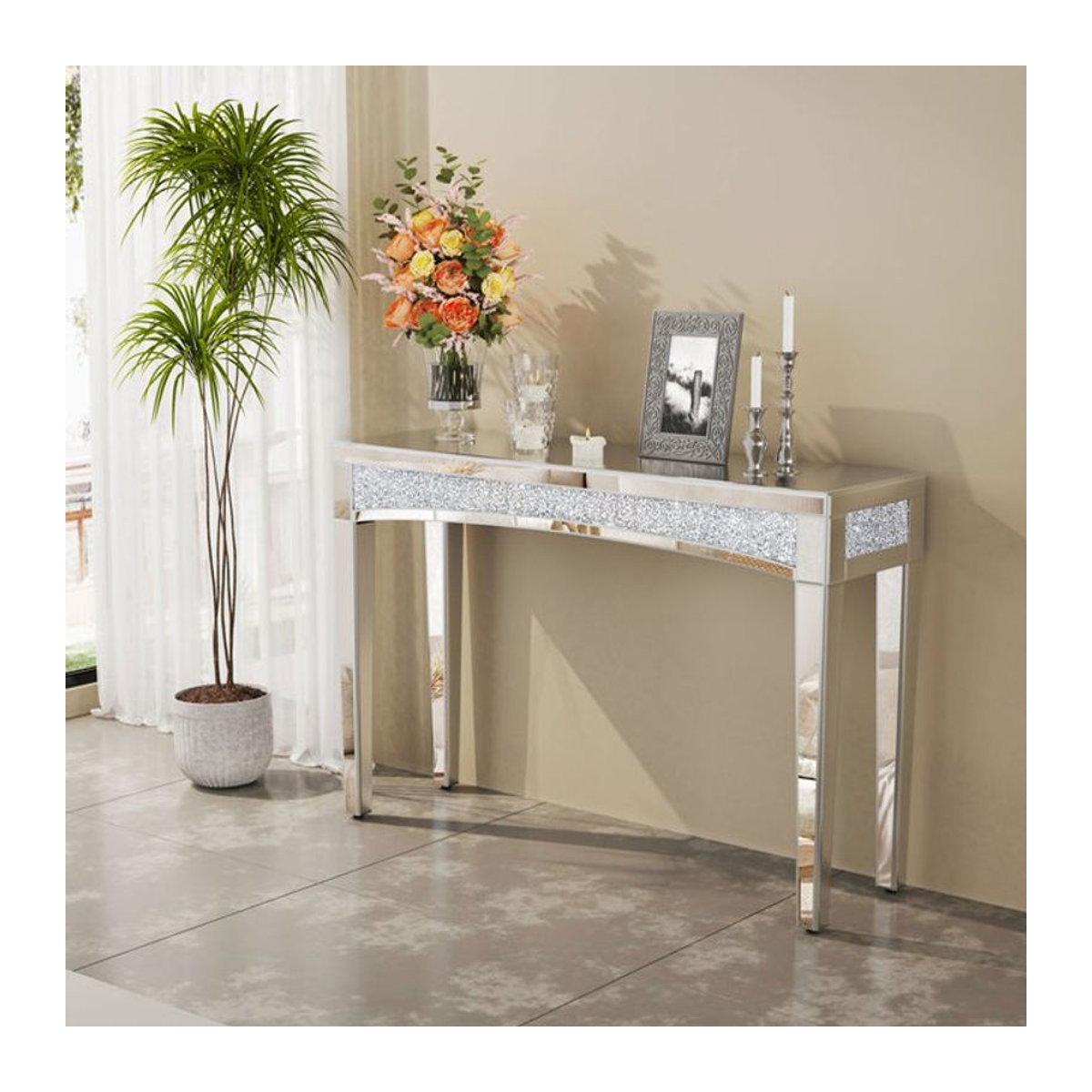 Moderner Konsolentisch in Silber mit verspiegelter Glasplatte und Kristall-Inlay Front, Breite: 120 cm - Bild 1
