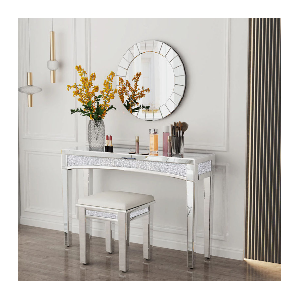 Moderner Konsolentisch in Silber mit verspiegelter Glasplatte und Kristall-Inlay Front, Breite: 120 cm - Bild 2