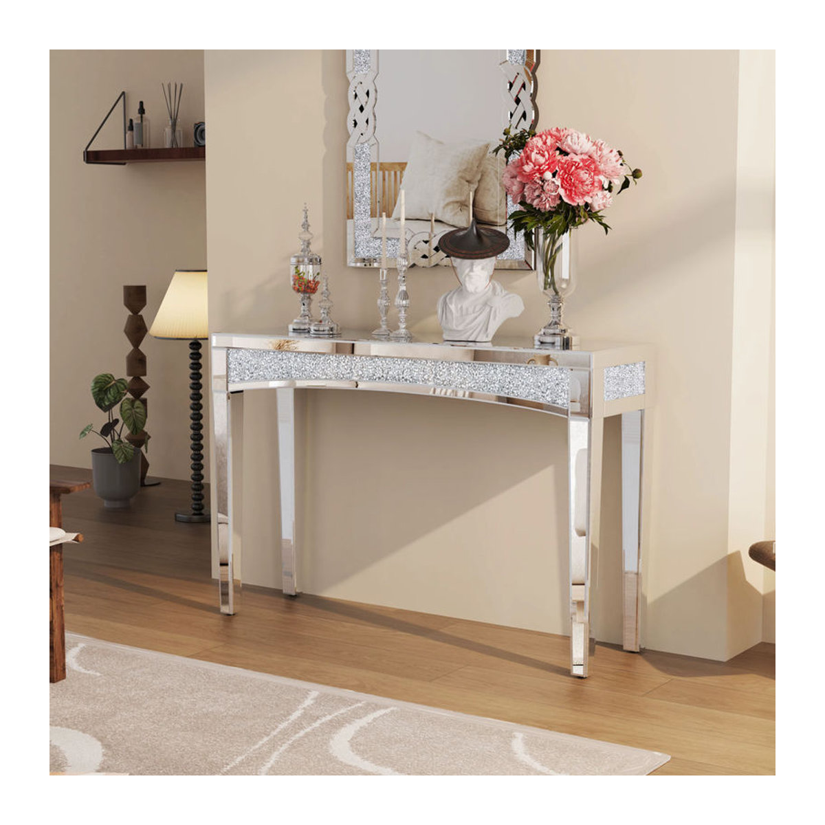 Moderner Konsolentisch in Silber mit verspiegelter Glasplatte und Kristall-Inlay Front, Breite: 120 cm - Bild 4