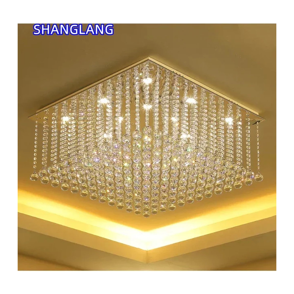 Moderner Kristall-Kronleuchter aus Glas in Gold und Silber als quadratische Luxus-Hängeleuchte für dein Wohnzimmer, Esszimmer oder die Lobby - Bild 1