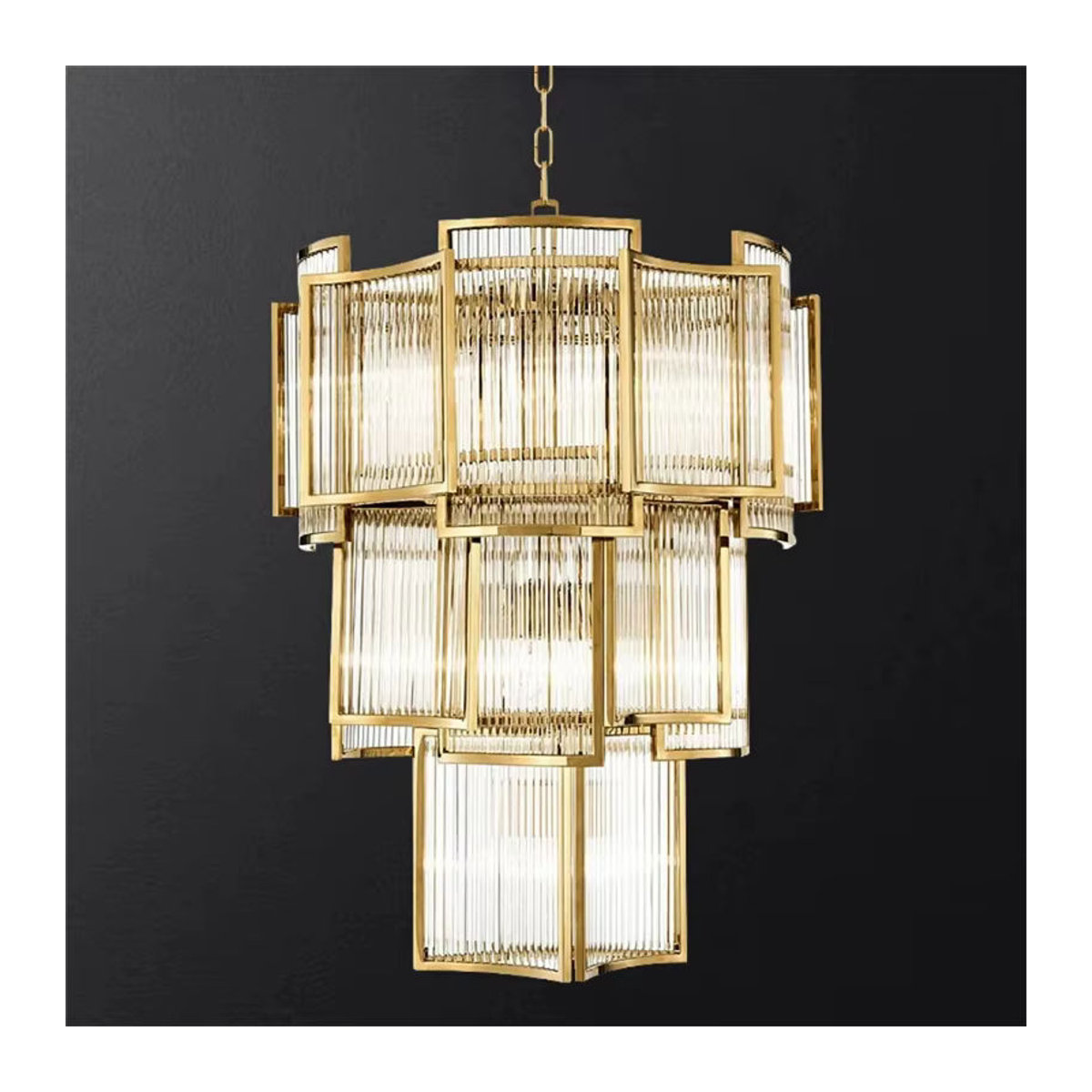 Moderner Kronleuchter aus Edelstahl in Gold mit Kristall-Elementen für Wohnzimmer und Treppenhaus - Bild 2