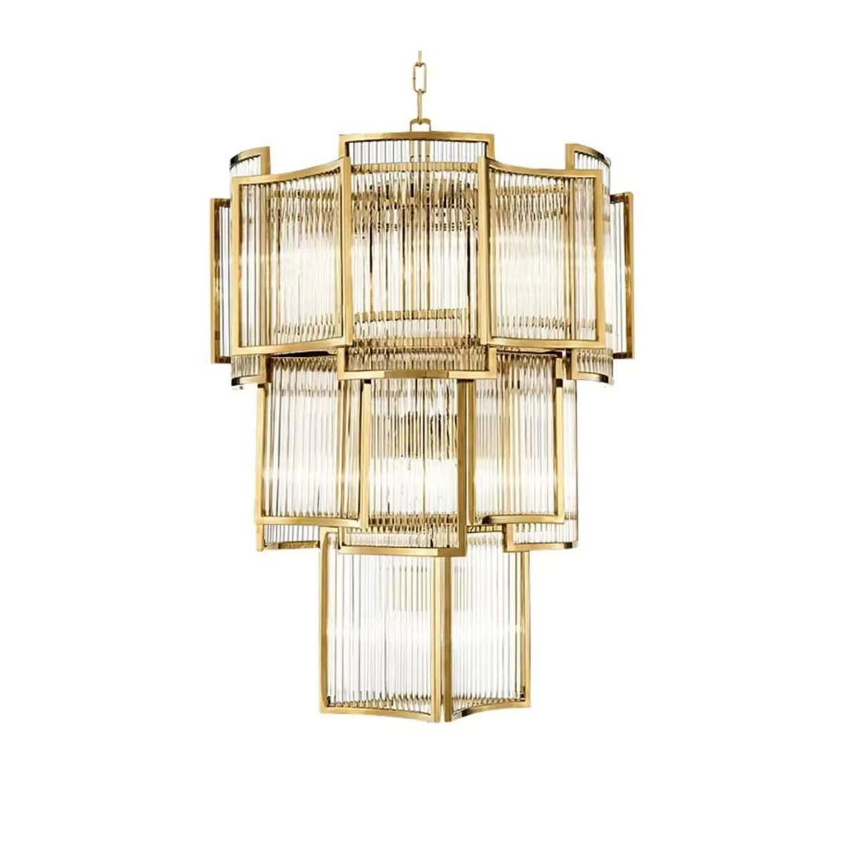 Moderner Kronleuchter aus Edelstahl in Gold mit Kristall-Elementen für Wohnzimmer und Treppenhaus - Bild 5