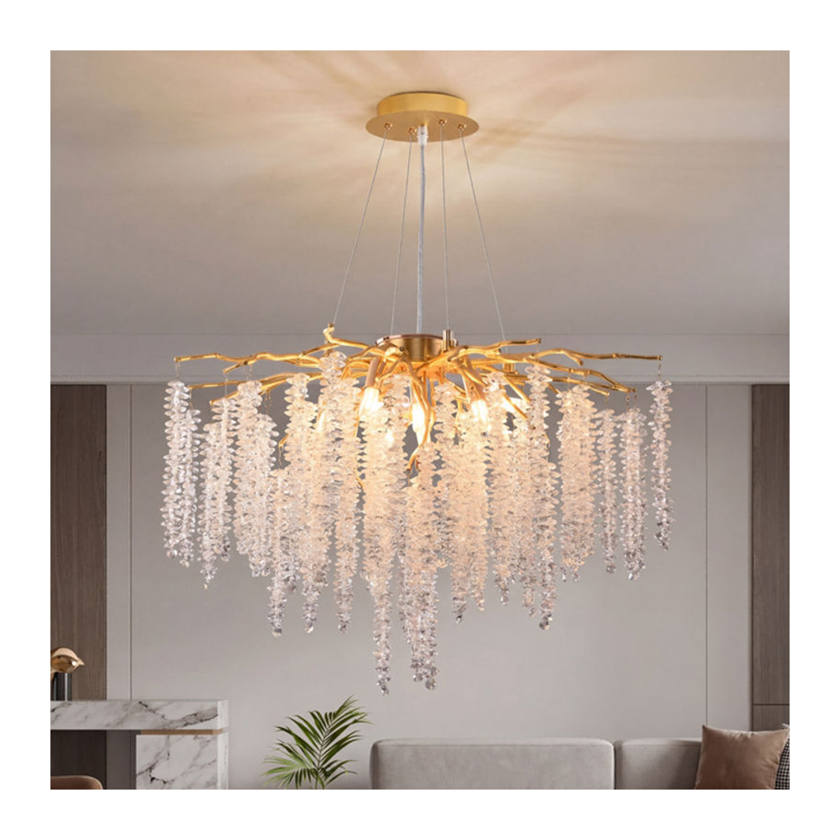 Moderner Kronleuchter in Gold mit K9-Kristall-Regentropfen aus Glas und Metall, Durchmesser: 60 cm - Bild 1