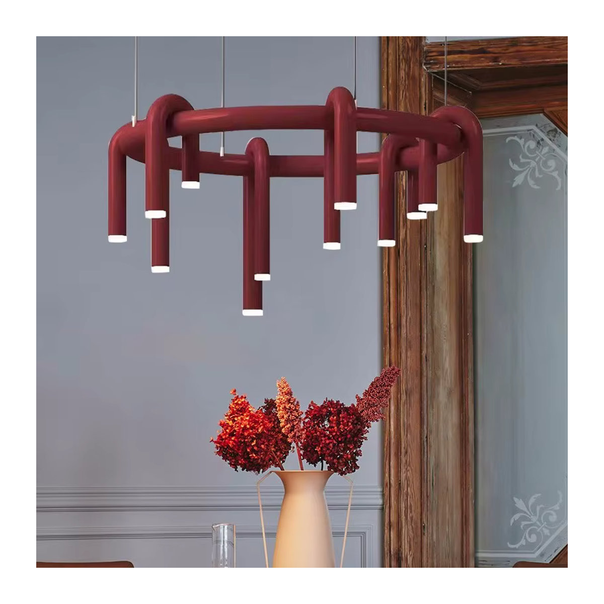 Moderner LED Kronleuchter in U-Form im nordischen Design als rote Pendelleuchte für Wohnzimmer, Schlafzimmer oder Restaurant - Bild 2