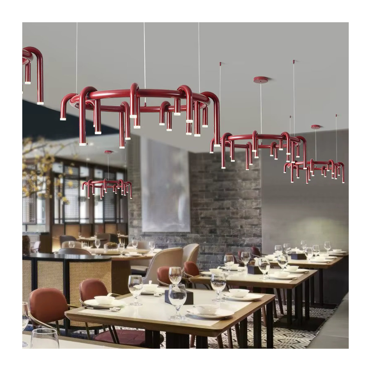 Moderner LED Kronleuchter in U-Form im nordischen Design als rote Pendelleuchte für Wohnzimmer, Schlafzimmer oder Restaurant - Bild 3