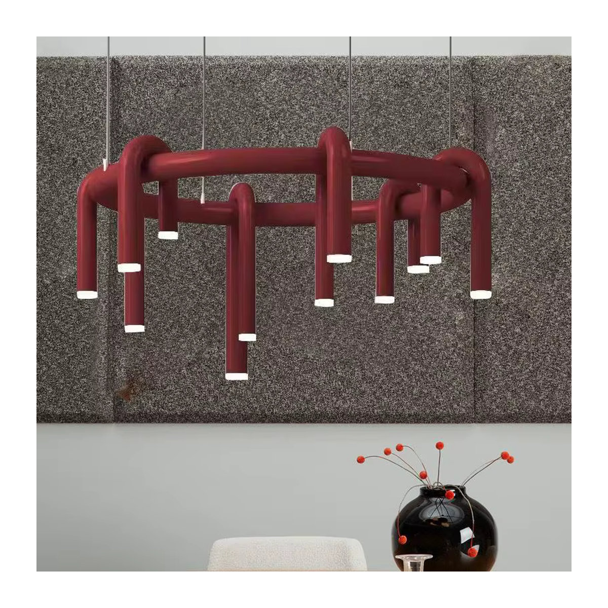 Moderner LED Kronleuchter in U-Form im nordischen Design als rote Pendelleuchte für Wohnzimmer, Schlafzimmer oder Restaurant - Bild 4
