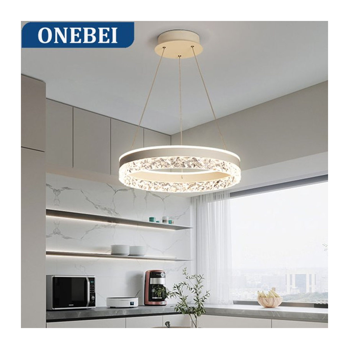 Moderner LED-Kronleuchter ONEBEI in Weiß als Ring-Pendelleuchte für Wohnzimmer, Esszimmer oder Schlafzimmer - Bild 1