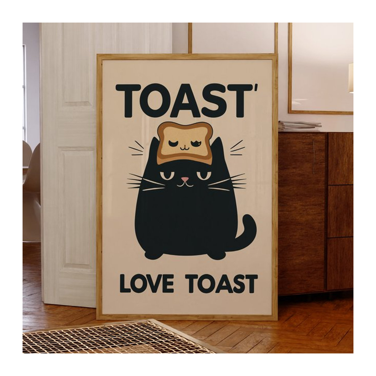 Moderner Leinwand Kunstdruck mit schwarzer Katze und Frühstücks-Motiv für dein Wohnzimmer, mehrfarbiges Wandbild im Hochformat - Bild 1