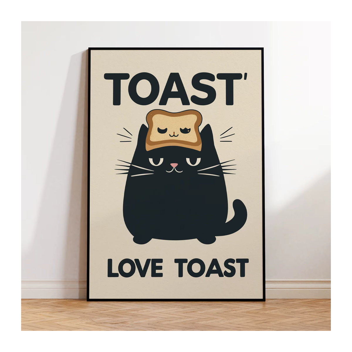 Moderner Leinwand Kunstdruck mit schwarzer Katze und Frühstücks-Motiv für dein Wohnzimmer, mehrfarbiges Wandbild im Hochformat - Bild 2