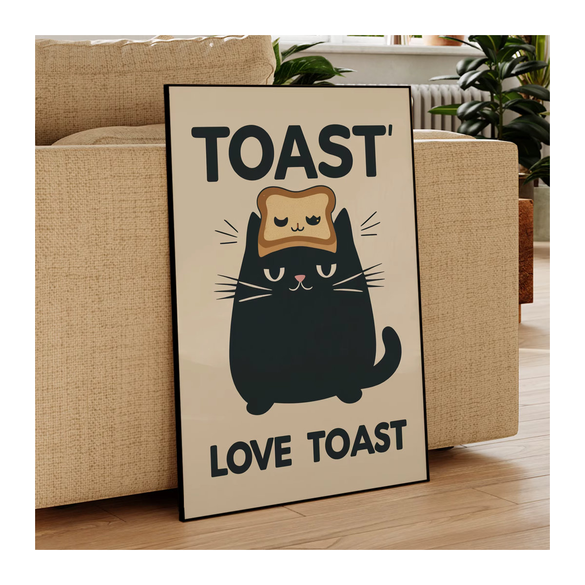 Moderner Leinwand Kunstdruck mit schwarzer Katze und Frühstücks-Motiv für dein Wohnzimmer, mehrfarbiges Wandbild im Hochformat - Bild 3