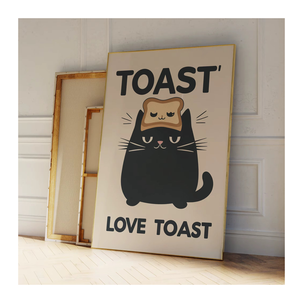 Moderner Leinwand Kunstdruck mit schwarzer Katze und Frühstücks-Motiv für dein Wohnzimmer, mehrfarbiges Wandbild im Hochformat - Bild 4