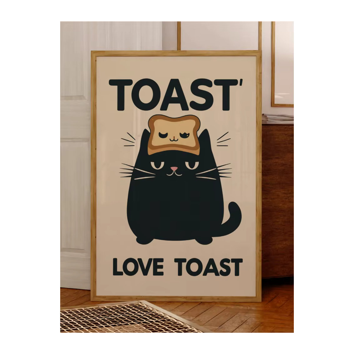 Moderner Leinwand Kunstdruck mit schwarzer Katze und Frühstücks-Motiv für dein Wohnzimmer, mehrfarbiges Wandbild im Hochformat - Bild 5