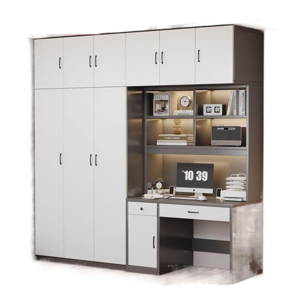 Moderner Massivholz-Kleiderschrank mit integriertem Schreibtisch und interner Beleuchtung in Schwarz/Weiß - Bild 1