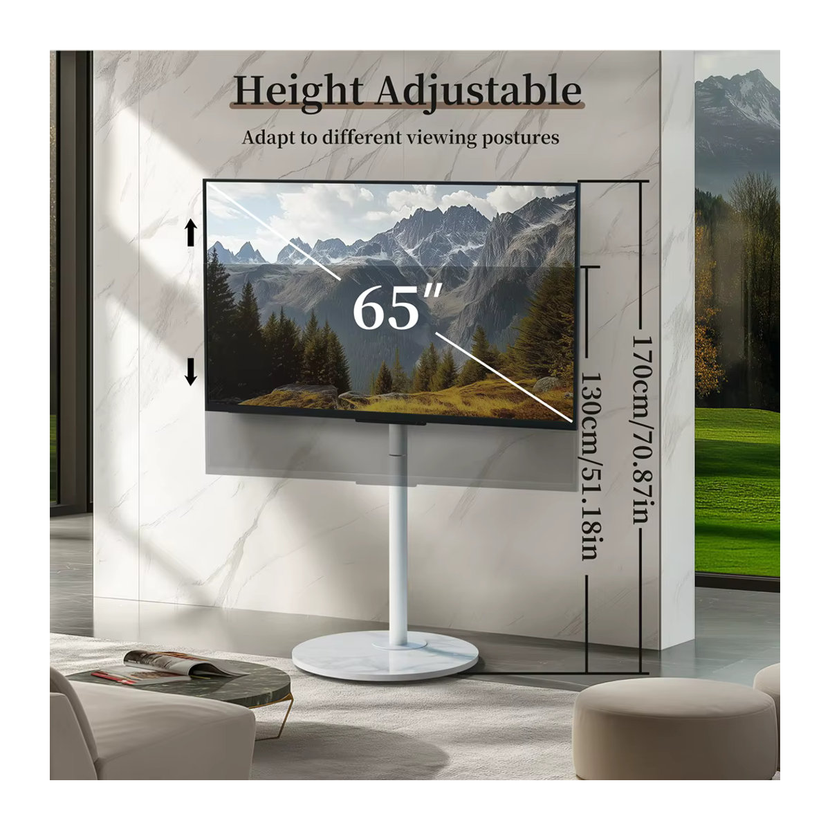 Moderner mobiler TV-Wagen in Weiß mit Steinsockel und Rollen für Fernseher von 40 bis 75 Zoll - Bild 2