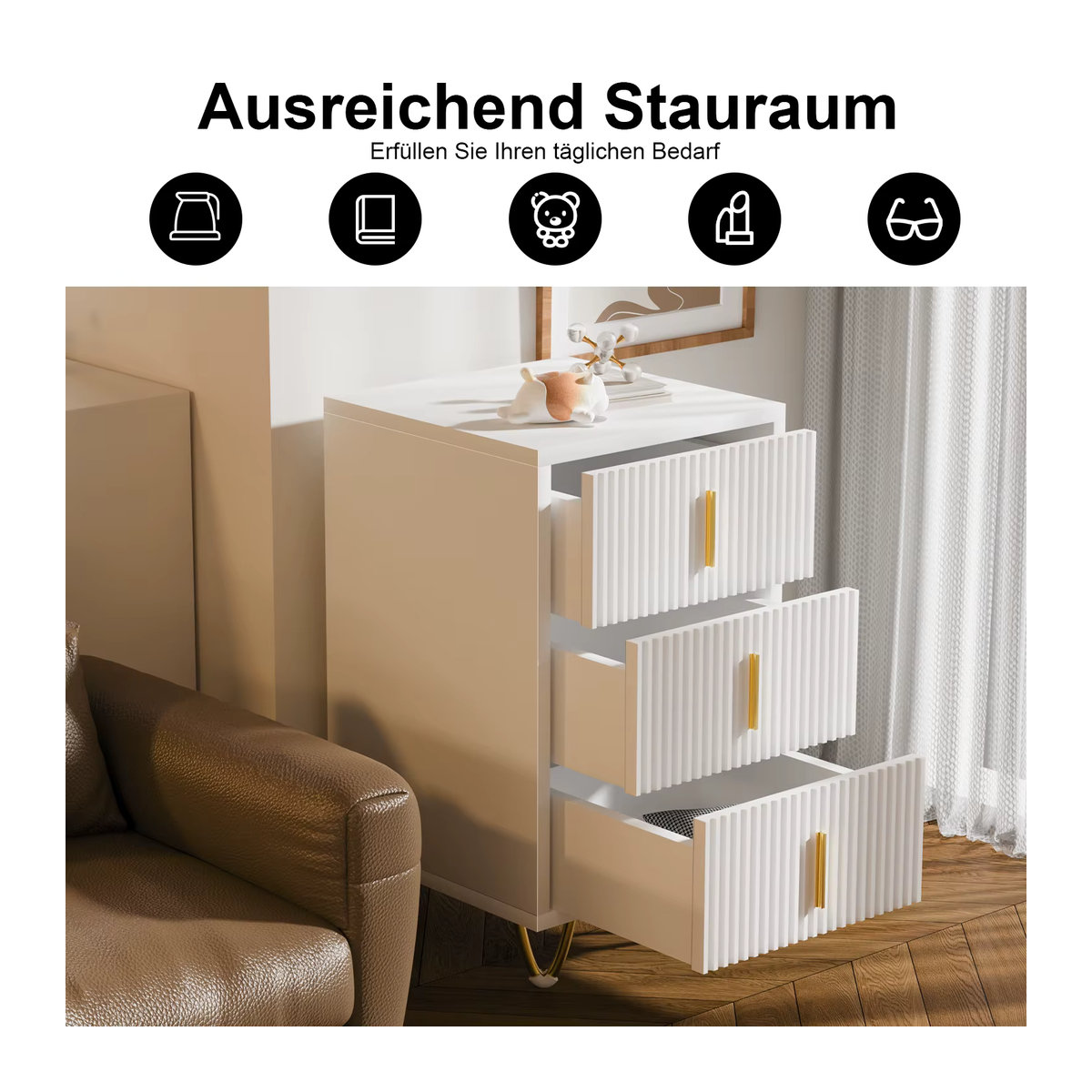 Moderner Nachttisch mit Schubladen und Metallstativ in Weiß - Bild 4