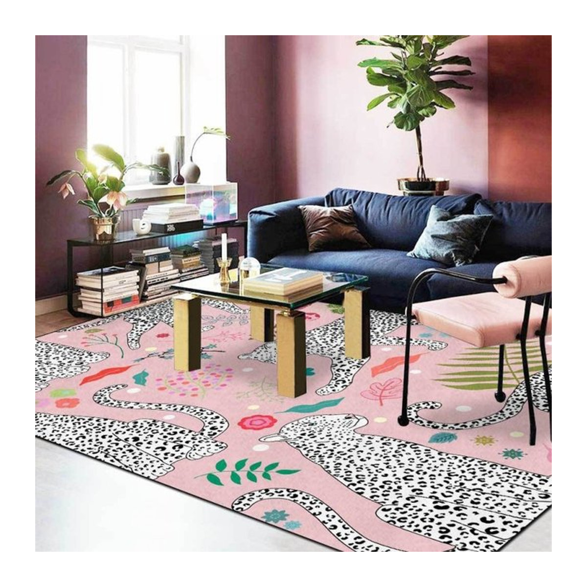 Moderner nordischer Teppich mit weißem Leopardenmuster und rosa Pflanzenmotiv für dein Wohnzimmer oder Schlafzimmer in Weiß und Rosa - Bild 1