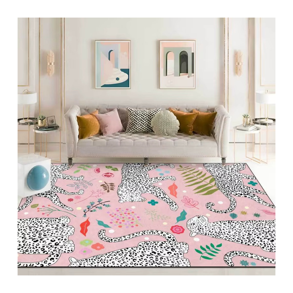 Moderner nordischer Teppich mit weißem Leopardenmuster und rosa Pflanzenmotiv für dein Wohnzimmer oder Schlafzimmer in Weiß und Rosa - Bild 2