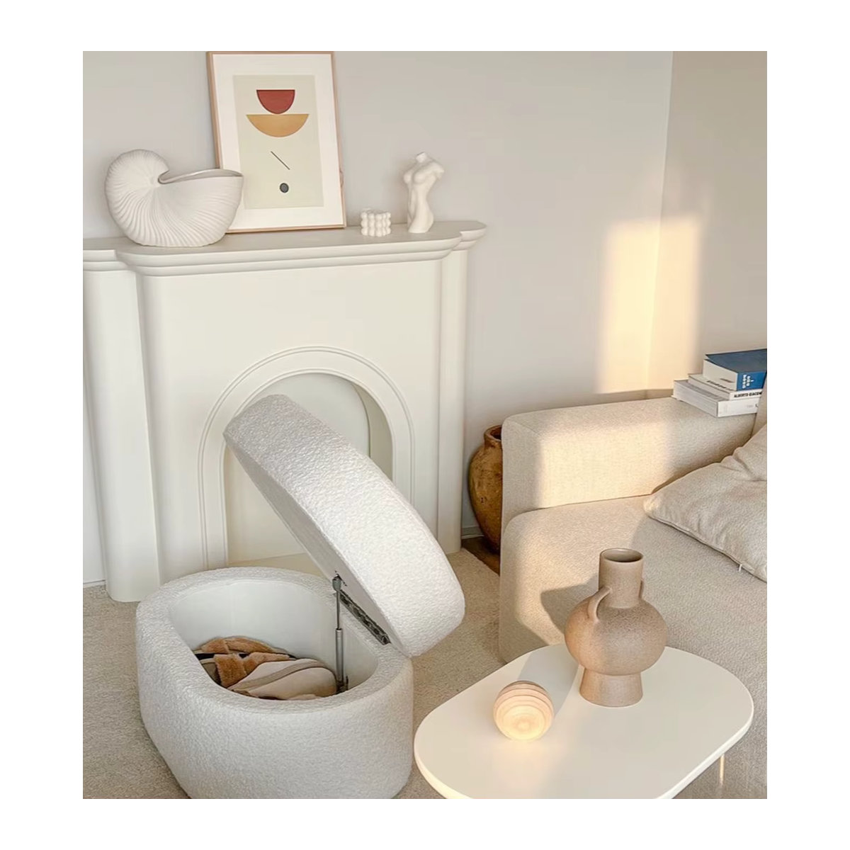 Moderner Pouf Ottoman aus Samt und Bouclé in Weiß und Beige mit Aufbewahrungsfunktion - Bild 3