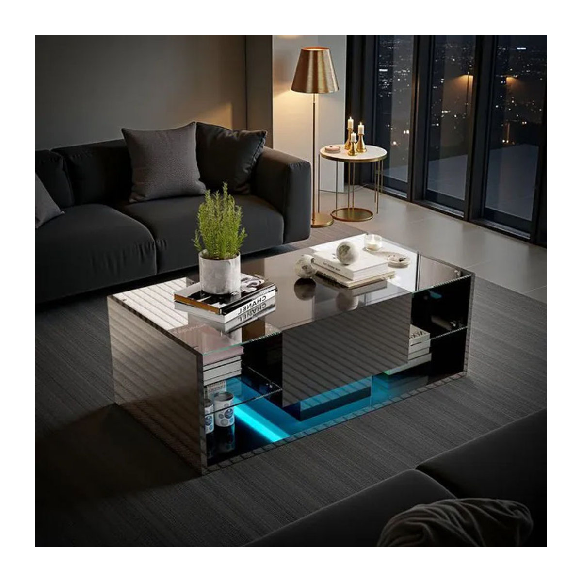 Moderner rechteckiger Couchtisch aus Glas mit RGB-LED-Beleuchtung und Stauraum in Schwarz/Weiß - Bild 1