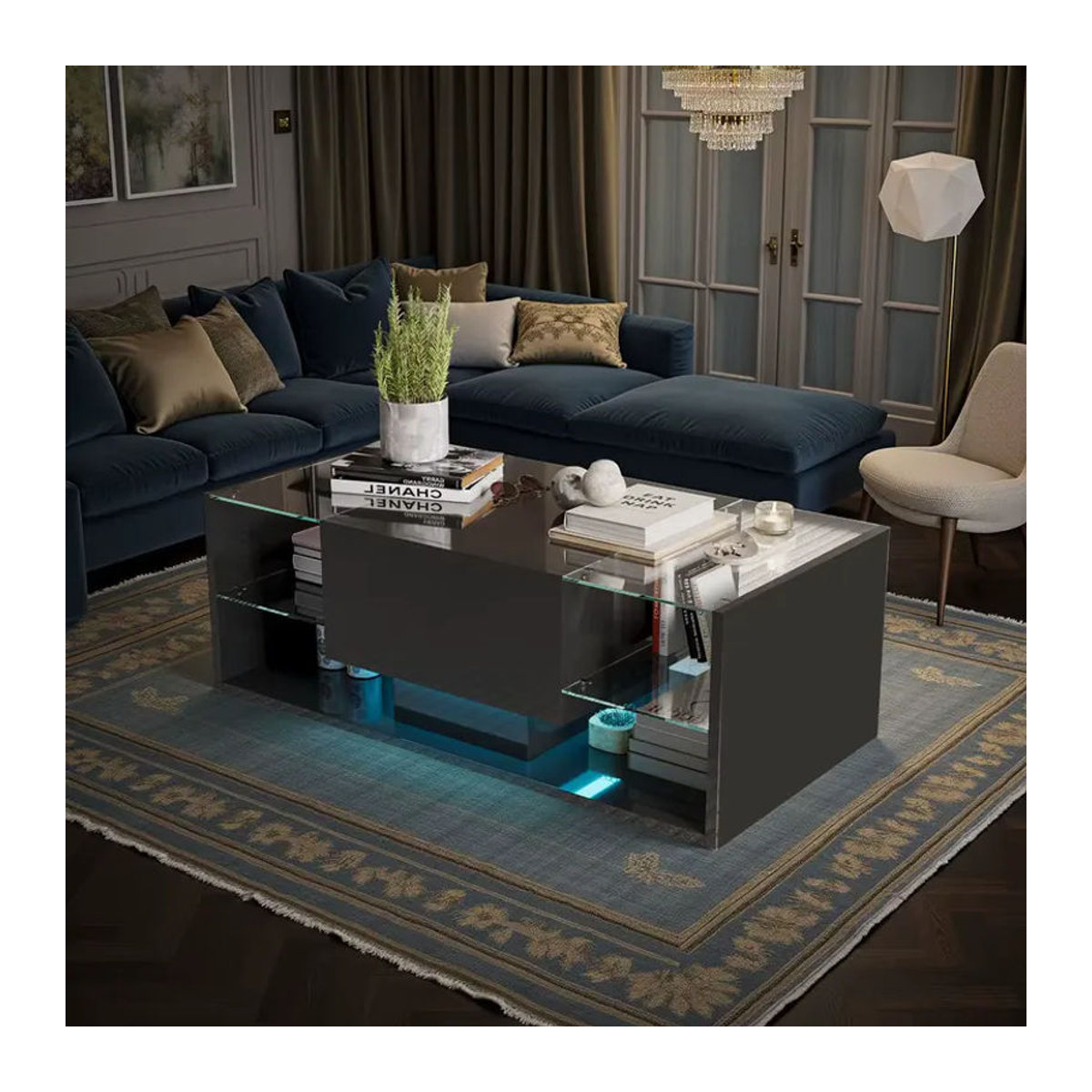 Moderner rechteckiger Couchtisch aus Glas mit RGB-LED-Beleuchtung und Stauraum in Schwarz/Weiß - Bild 2