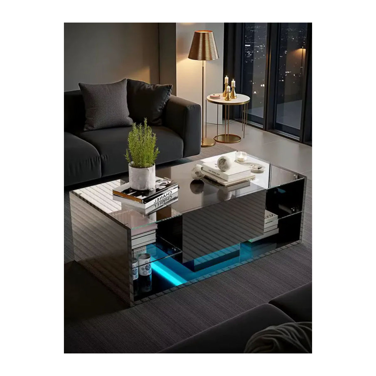 Moderner rechteckiger Couchtisch aus Glas mit RGB-LED-Beleuchtung und Stauraum in Schwarz/Weiß - Bild 4