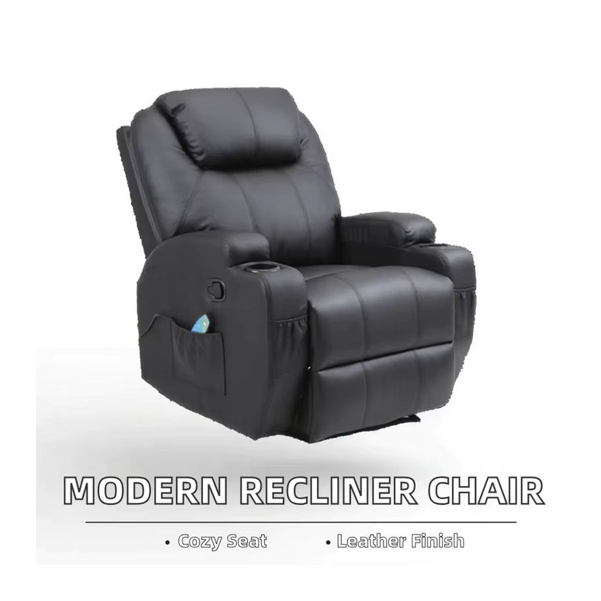 Moderner Relaxsessel aus Kunstleder in Schwarz mit Massage- und Kühlfunktion, ausziehbar und drehbar mit Metallgestell - Bild 2
