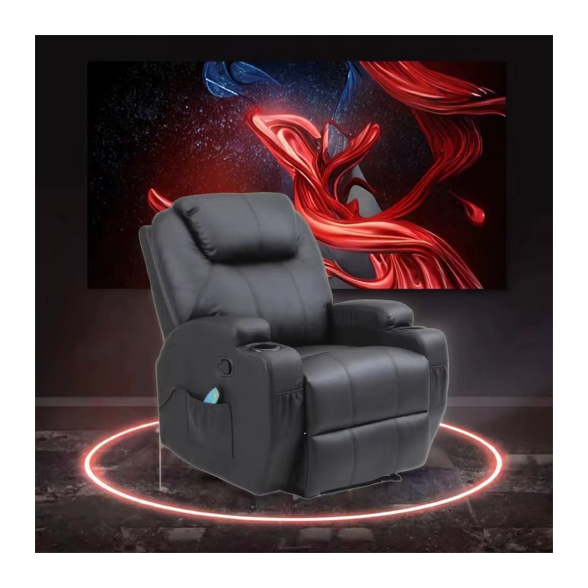 Moderner Relaxsessel aus Kunstleder in Schwarz mit Massage- und Kühlfunktion, ausziehbar und drehbar mit Metallgestell - Bild 3