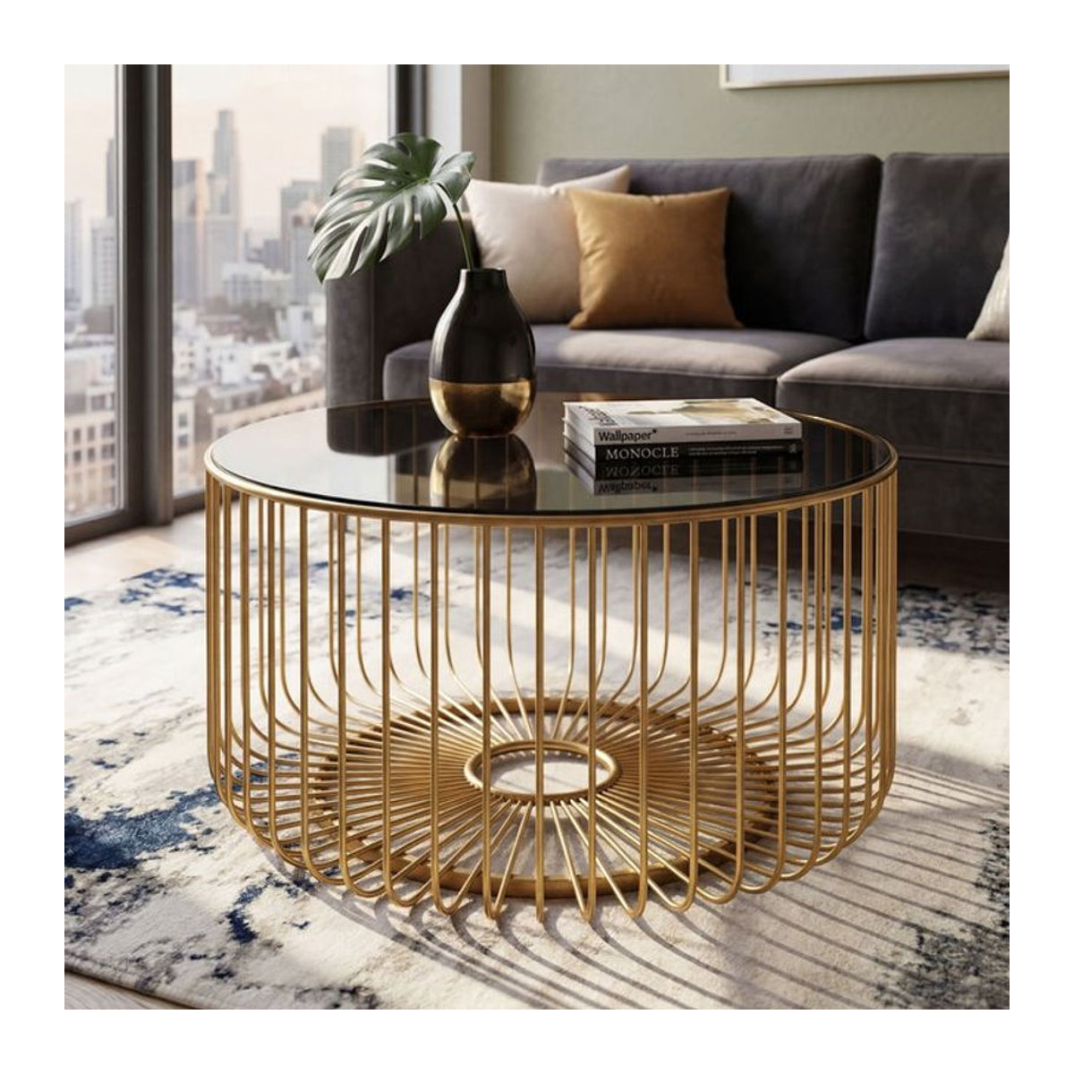 Moderner runder Couchtisch von Finebuy aus Glas und Metall in Gold mit Durchmesser: 60 cm - Bild 1