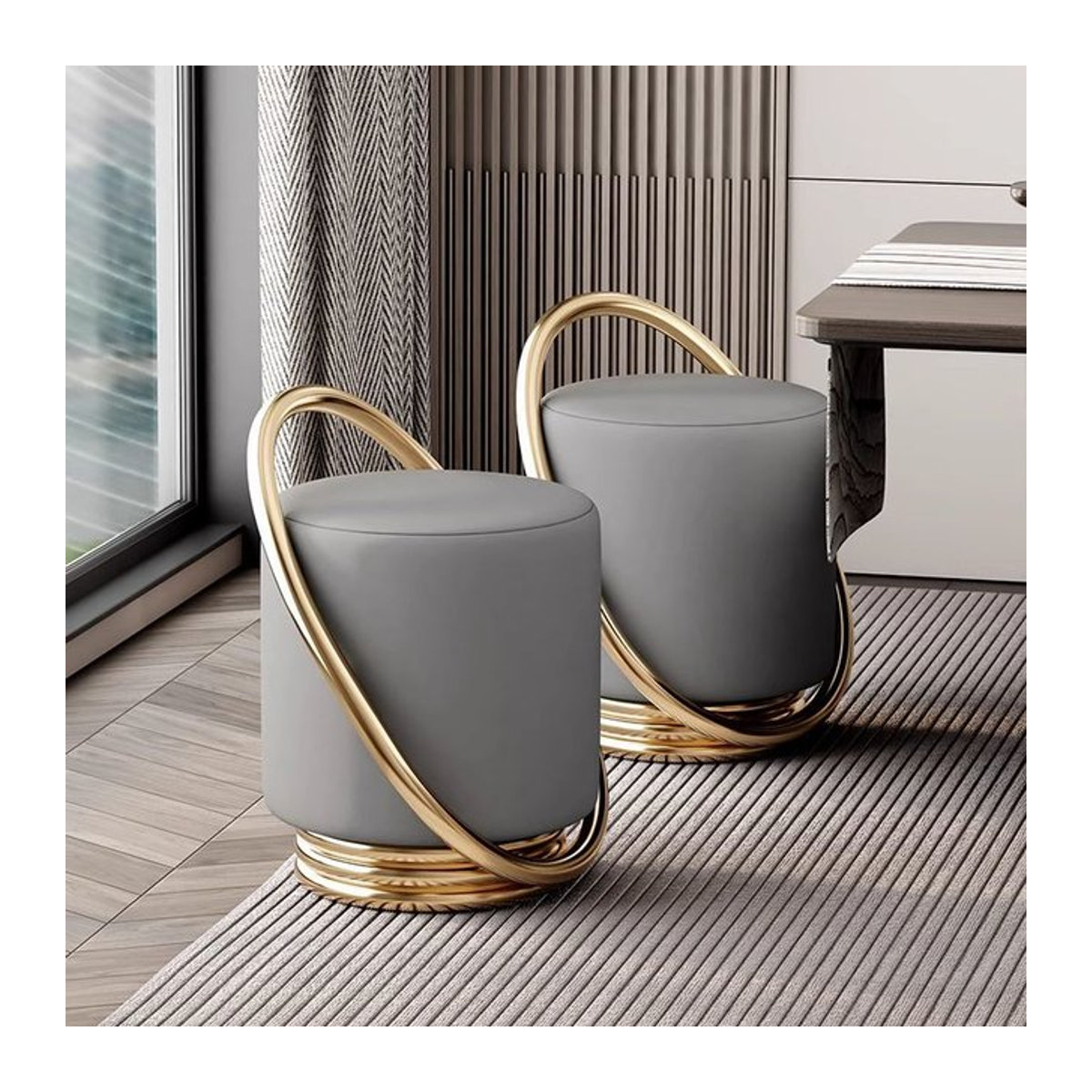 Moderner runder Schminktisch mit Hocker in Grau und Metallgestell im nordischen Design - Bild 1