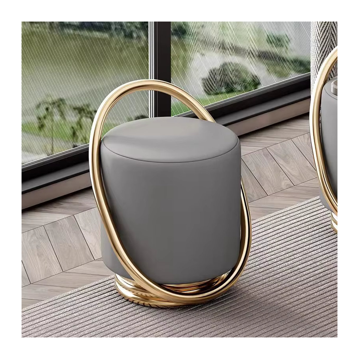 Moderner runder Schminktisch mit Hocker in Grau und Metallgestell im nordischen Design - Bild 2