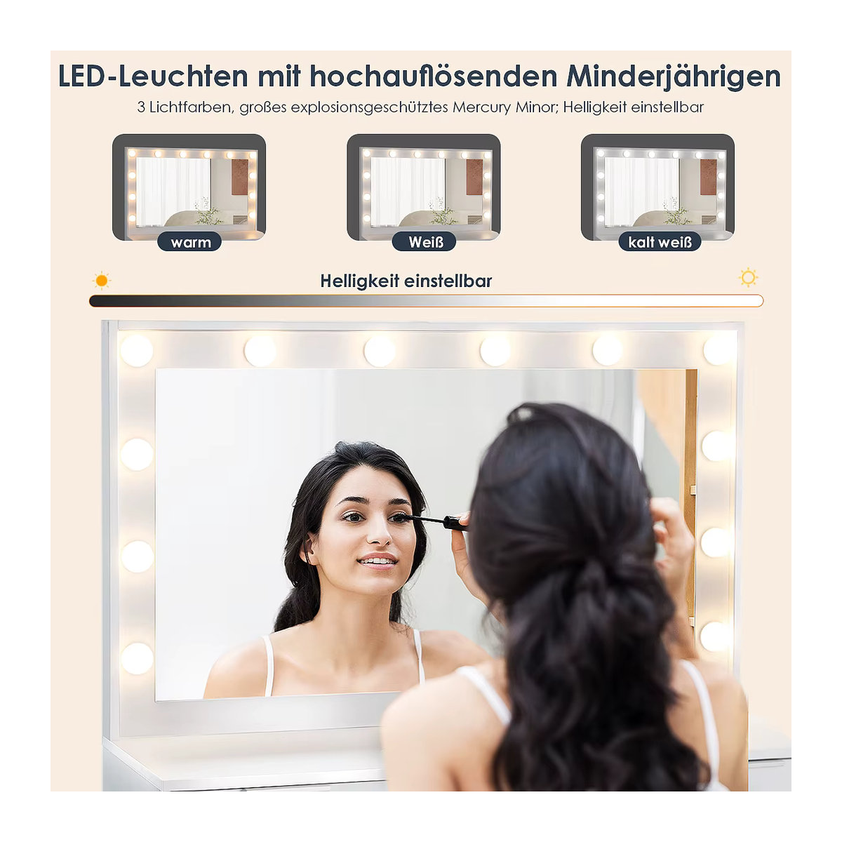 Moderner Schminktisch mit LED-Beleuchtung, großem Spiegel, 5 Schubladen und Hocker in Weiß - Bild 2