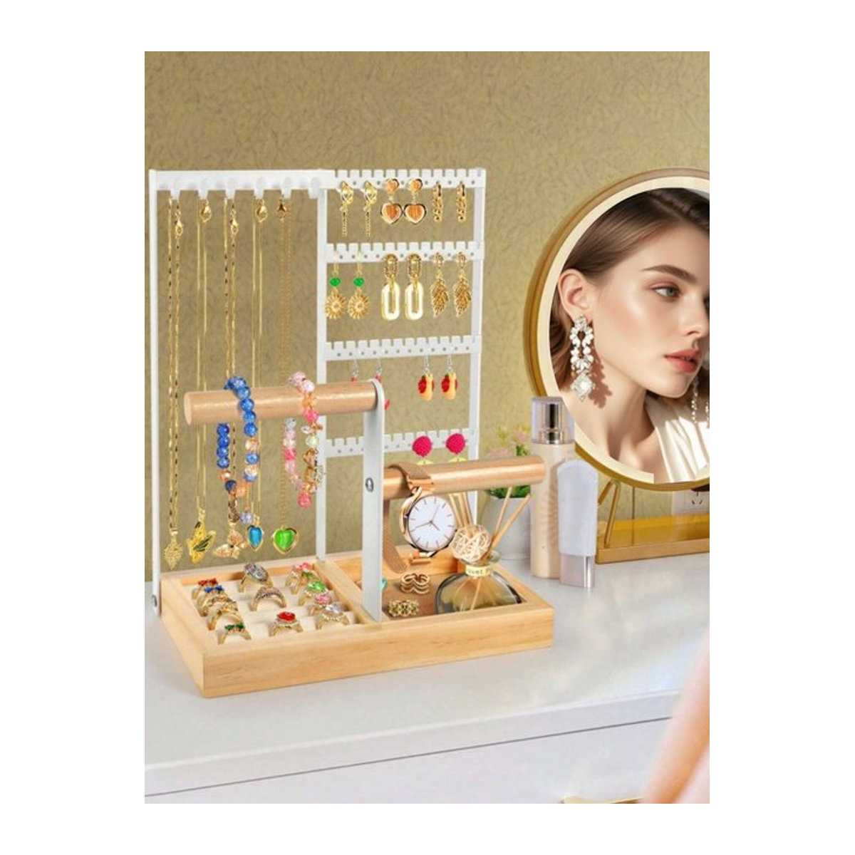 Moderner Schmuck-Organizer in Weiß aus Metall und Holz als stehender Halskettenhalter und Präsentationsständer - Bild 1