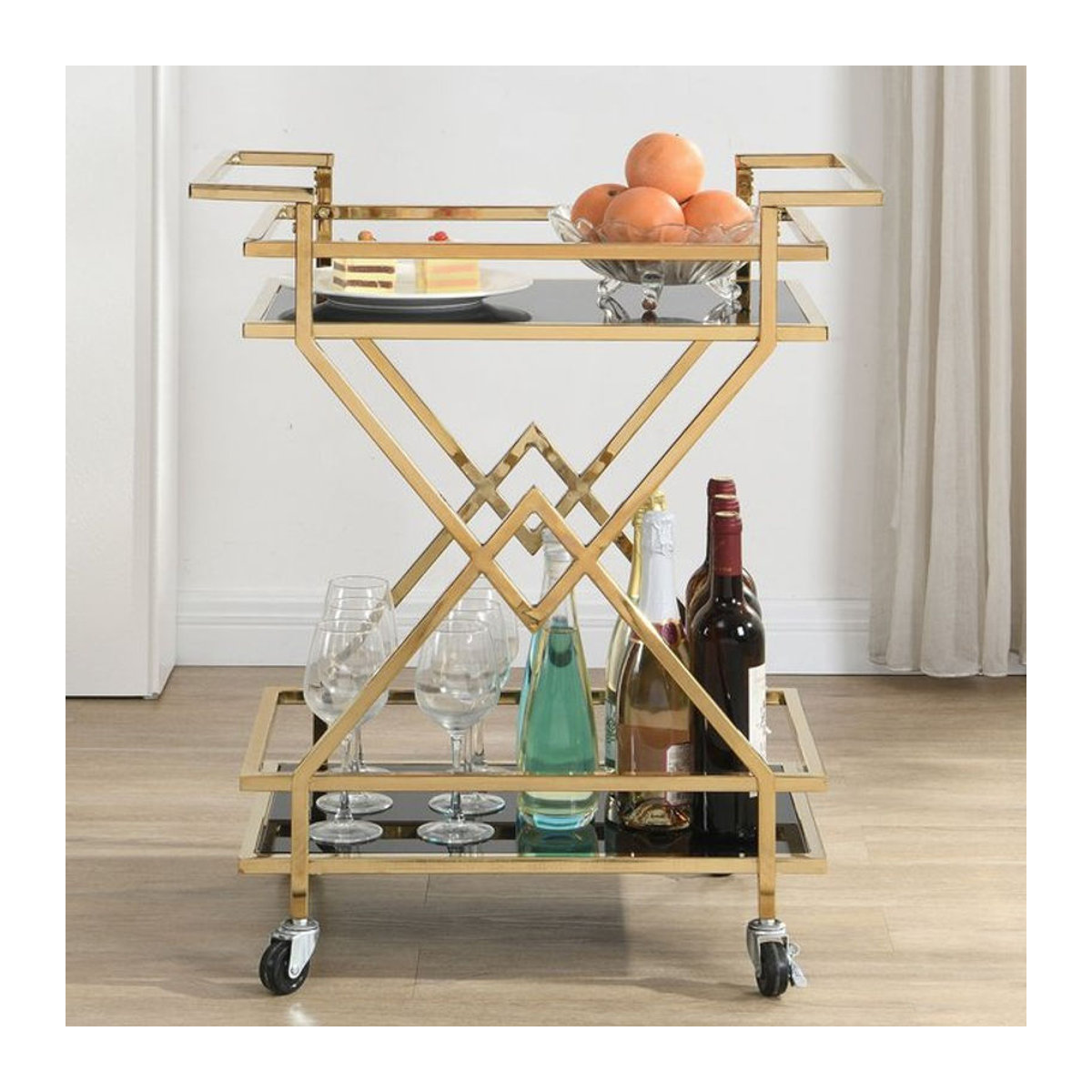 Moderner Servierwagen FineBuy aus Glas und Metall in Gold und Schwarz, B/T/H: 80 x 40 x 65 cm - Bild 1