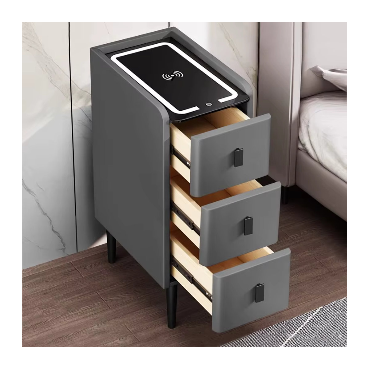 Moderner smarter Nachttisch aus Holz und Kunstleder mit kabelloser Aufladung und Schloss in Blau und Grau - Bild 2
