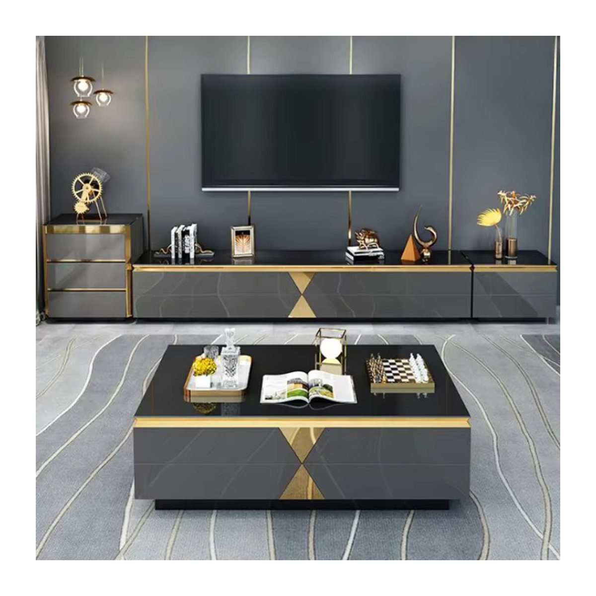 Moderner TV-Schrank aus Holz von DUTRIEUX in Schwarz und Gold mit Schubladen - Bild 2
