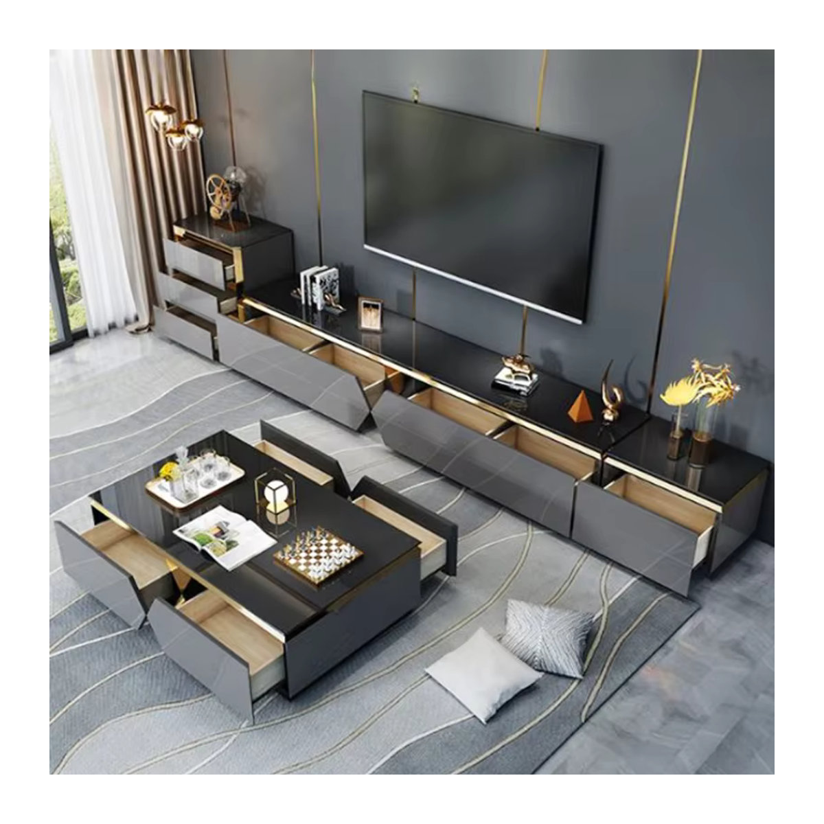 Moderner TV-Schrank aus Holz von DUTRIEUX in Schwarz und Gold mit Schubladen - Bild 3