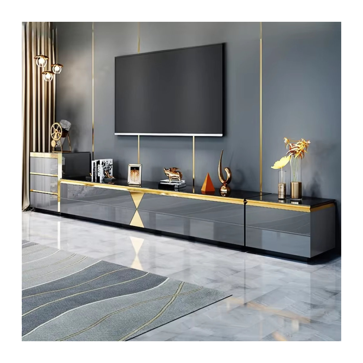 Moderner TV-Schrank aus Holz von DUTRIEUX in Schwarz und Gold mit Schubladen - Bild 4