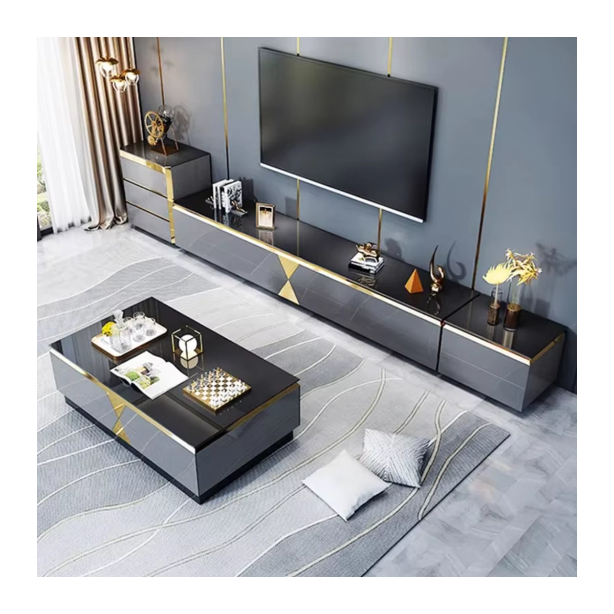 Moderner TV-Schrank aus Holz von DUTRIEUX in Schwarz und Gold mit Schubladen - Bild 5